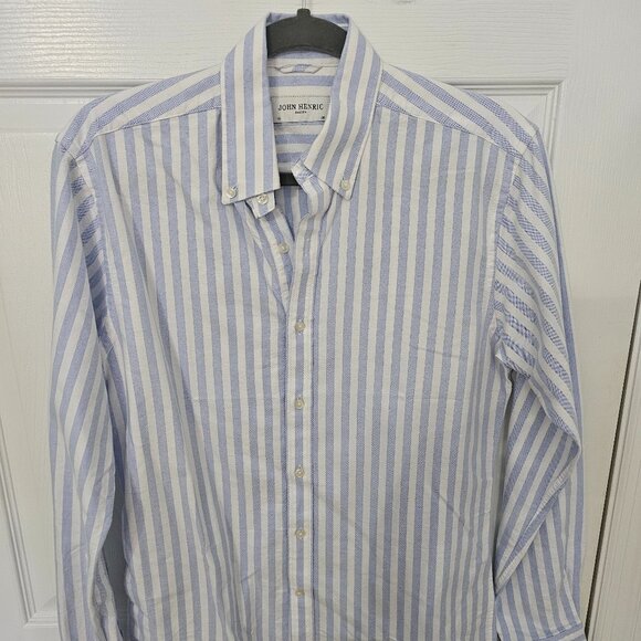 JOHN HENRIC Oxford Shirt 15 - 38 White/Blue Stripe Button Down Office Work - Picture 1 of 1